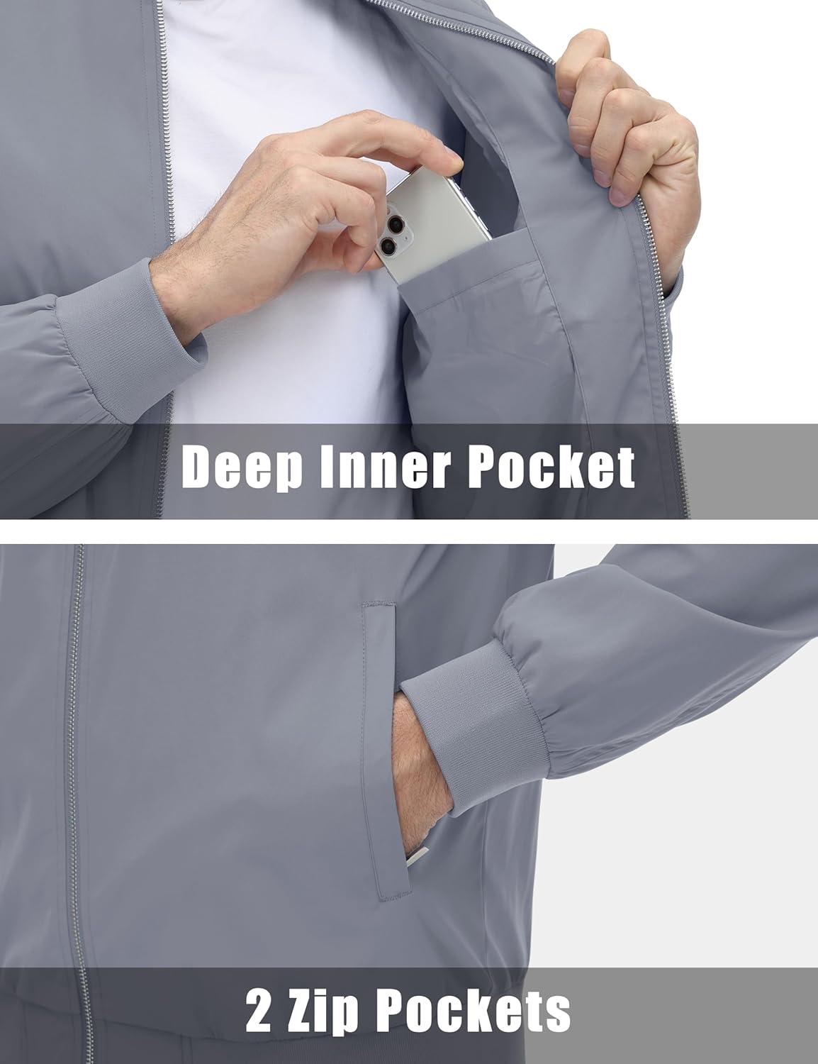 imageMAGCOMSEN Mens Lightweight Bomber Jacket Windproof Water Resistant Zip Up Coat Stand Up Collar Windbreaker with 3 PocketsLight Grey