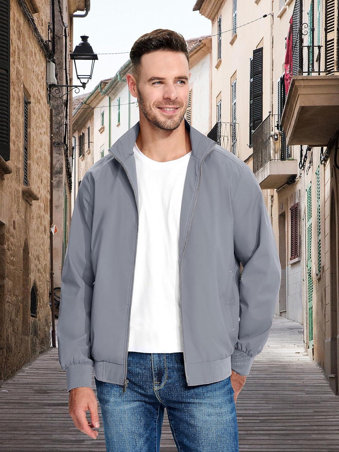 imageMAGCOMSEN Mens Lightweight Bomber Jacket Windproof Water Resistant Zip Up Coat Stand Up Collar Windbreaker with 3 PocketsLight Grey