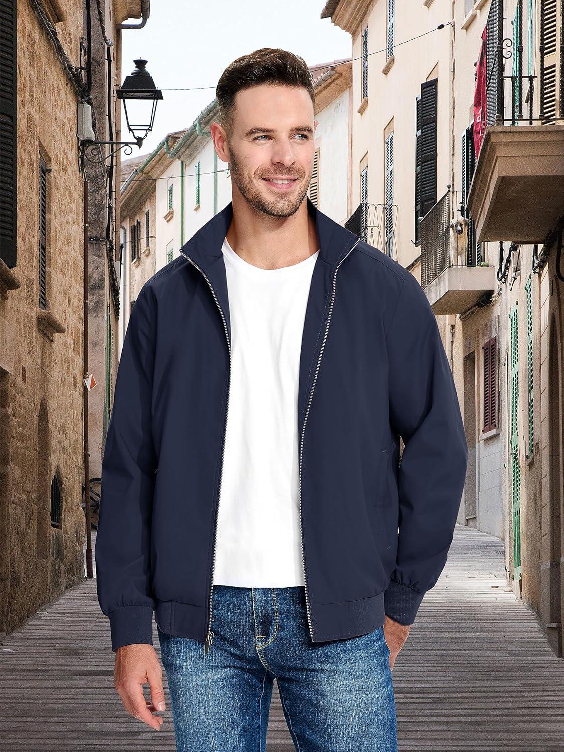 imageMAGCOMSEN Mens Lightweight Bomber Jacket Windproof Water Resistant Zip Up Coat Stand Up Collar Windbreaker with 3 PocketsNavy