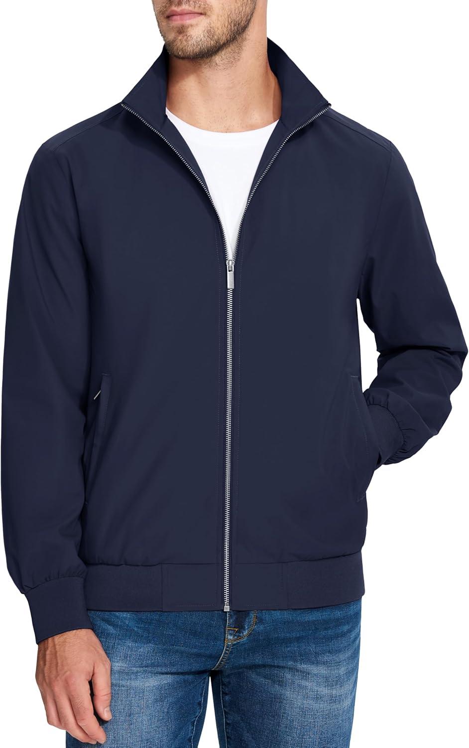 imageMAGCOMSEN Mens Lightweight Bomber Jacket Windproof Water Resistant Zip Up Coat Stand Up Collar Windbreaker with 3 PocketsNavy