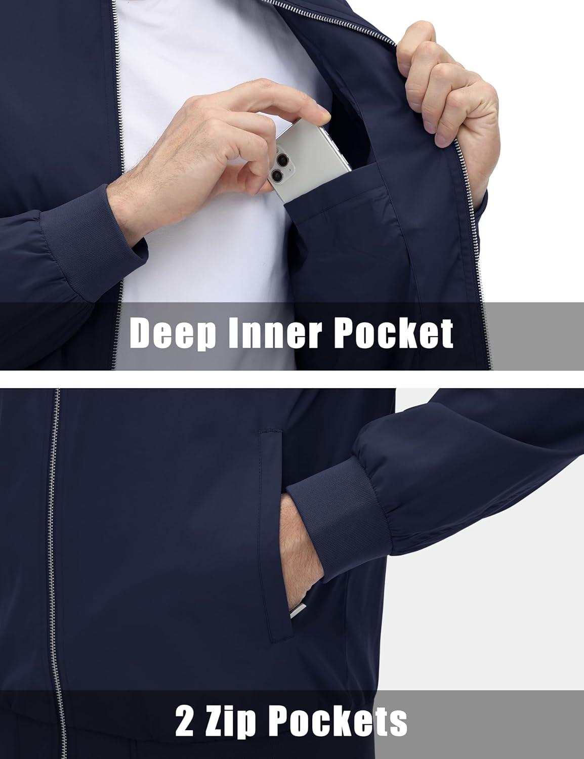 imageMAGCOMSEN Mens Lightweight Bomber Jacket Windproof Water Resistant Zip Up Coat Stand Up Collar Windbreaker with 3 PocketsNavy