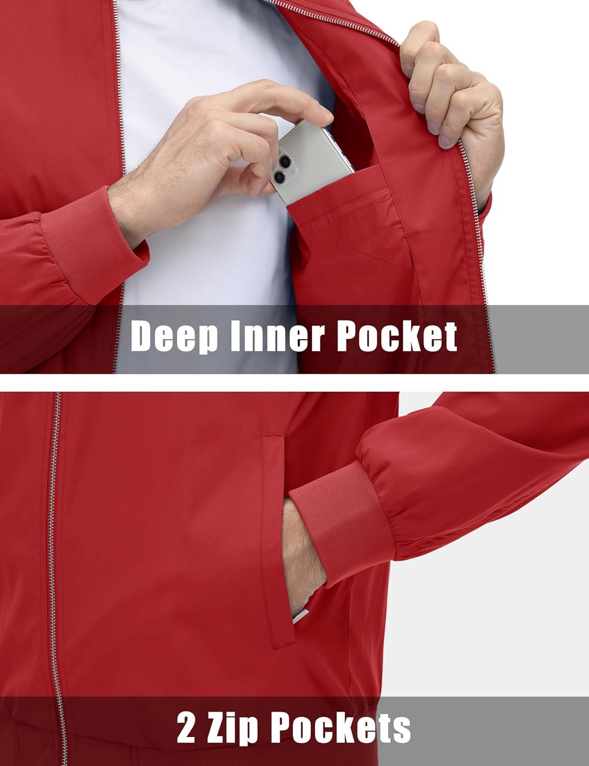 imageMAGCOMSEN Mens Lightweight Bomber Jacket Windproof Water Resistant Zip Up Coat Stand Up Collar Windbreaker with 3 PocketsOrange Red