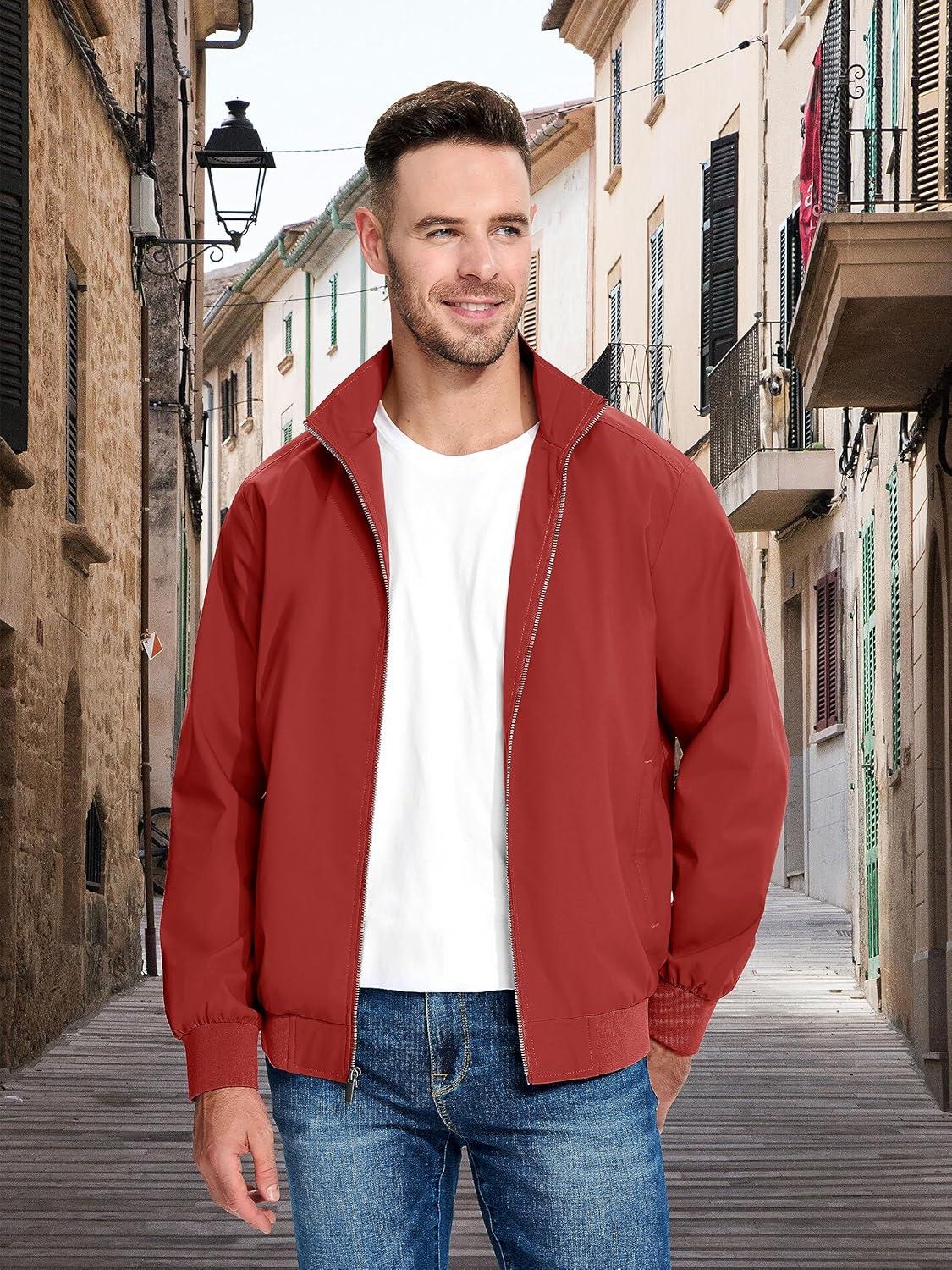 imageMAGCOMSEN Mens Lightweight Bomber Jacket Windproof Water Resistant Zip Up Coat Stand Up Collar Windbreaker with 3 PocketsOrange Red