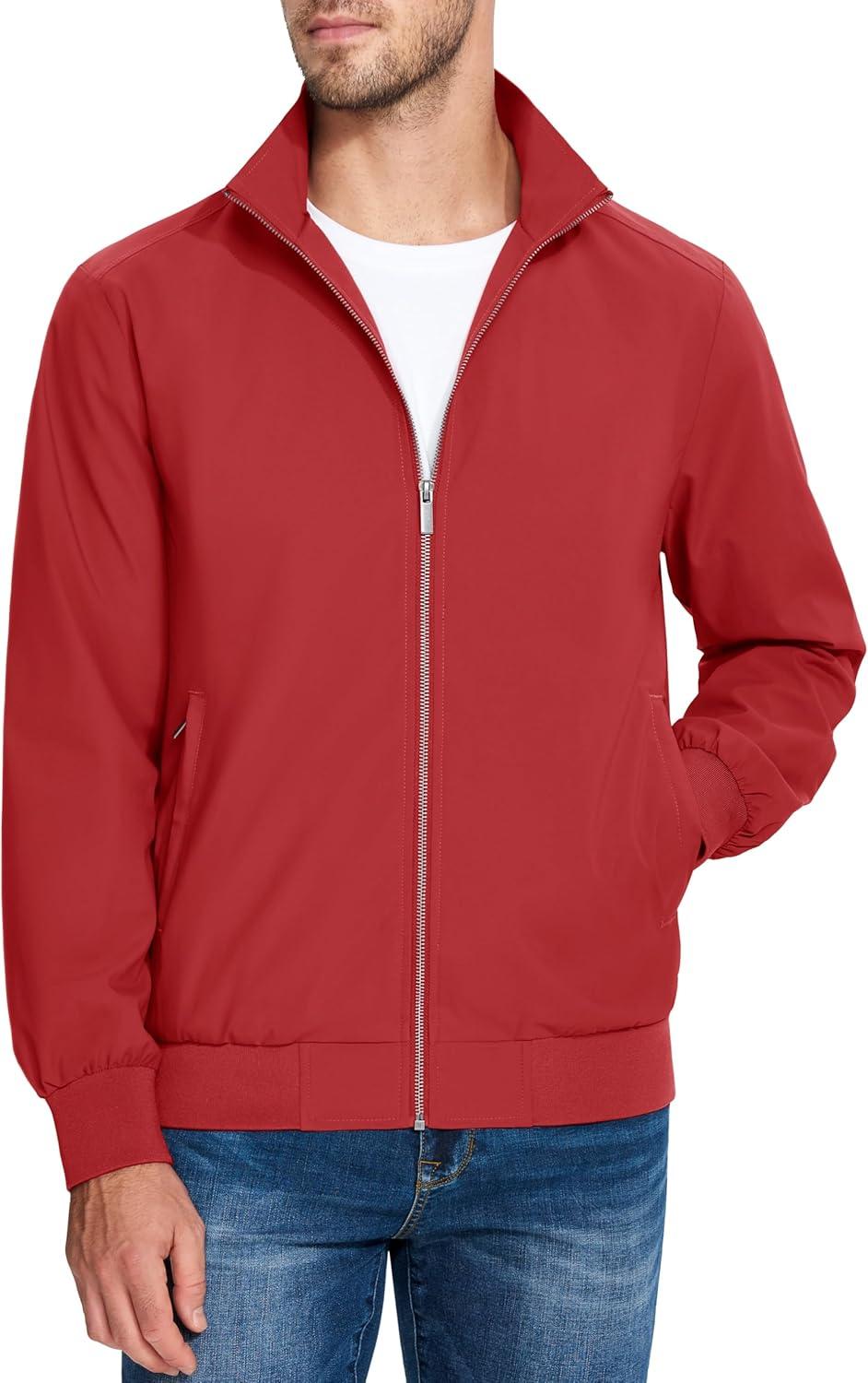 imageMAGCOMSEN Mens Lightweight Bomber Jacket Windproof Water Resistant Zip Up Coat Stand Up Collar Windbreaker with 3 PocketsOrange Red