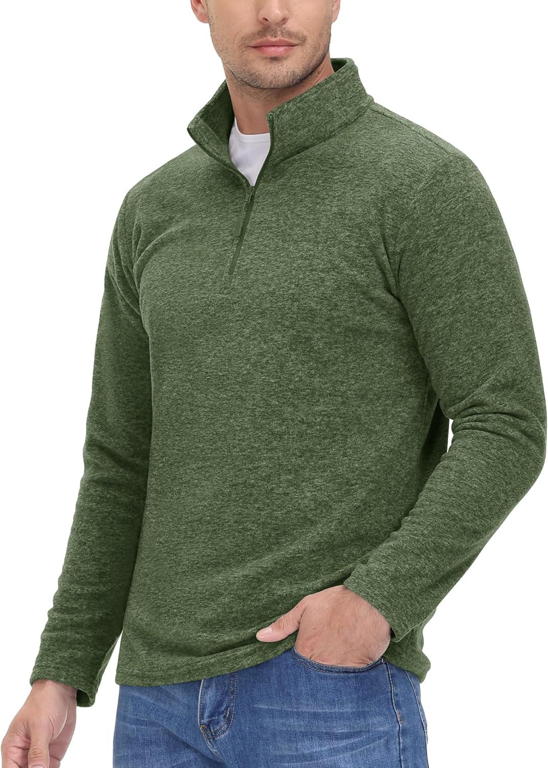 imageMAGCOMSEN Mens Shirts 14 Zip Fleece Pullover MidWeight Long Sleeve Sweatshirts Athletic ShirtsArmy Green