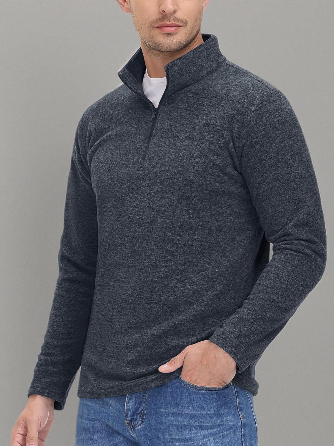 imageMAGCOMSEN Mens Shirts 14 Zip Fleece Pullover MidWeight Long Sleeve Sweatshirts Athletic ShirtsBlack
