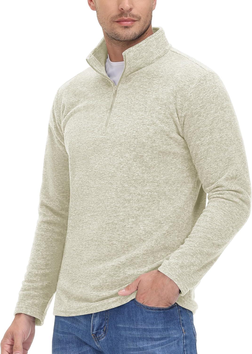 imageMAGCOMSEN Mens Shirts 14 Zip Fleece Pullover MidWeight Long Sleeve Sweatshirts Athletic ShirtsCreamy White