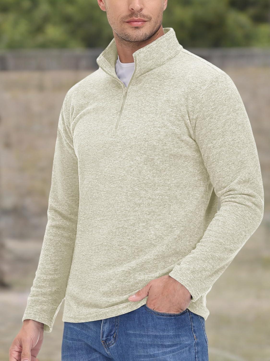 imageMAGCOMSEN Mens Shirts 14 Zip Fleece Pullover MidWeight Long Sleeve Sweatshirts Athletic ShirtsCreamy White