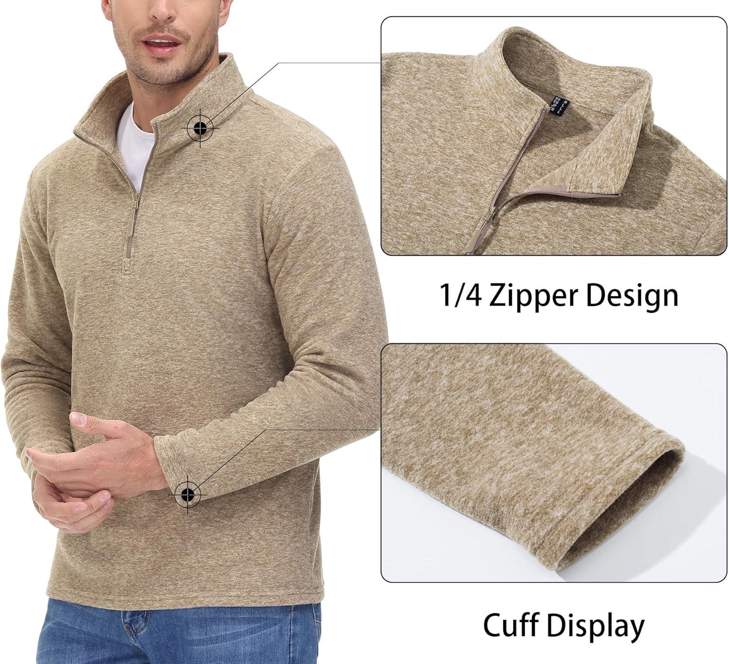 imageMAGCOMSEN Mens Shirts 14 Zip Fleece Pullover MidWeight Long Sleeve Sweatshirts Athletic ShirtsKhaki