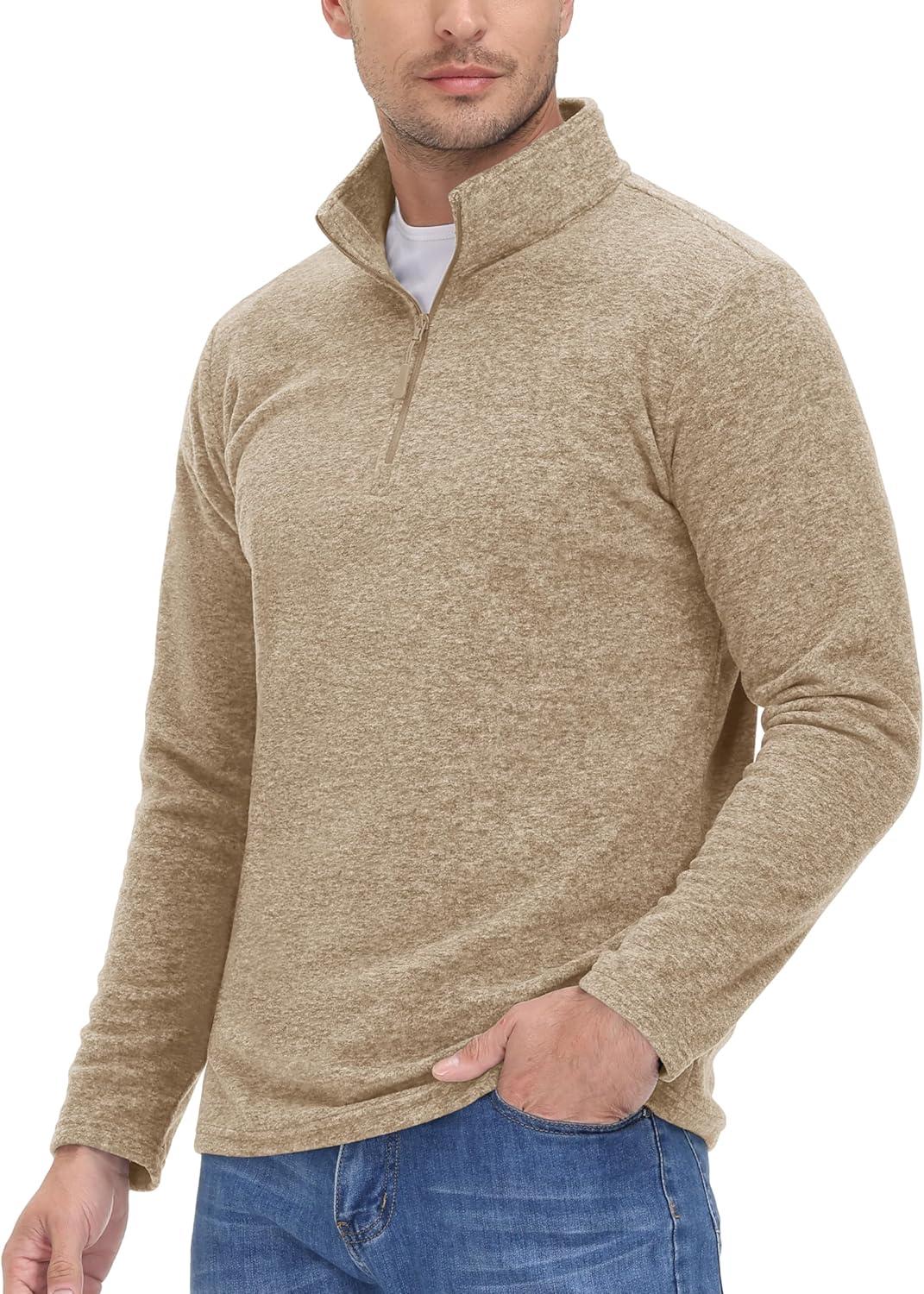 imageMAGCOMSEN Mens Shirts 14 Zip Fleece Pullover MidWeight Long Sleeve Sweatshirts Athletic ShirtsKhaki