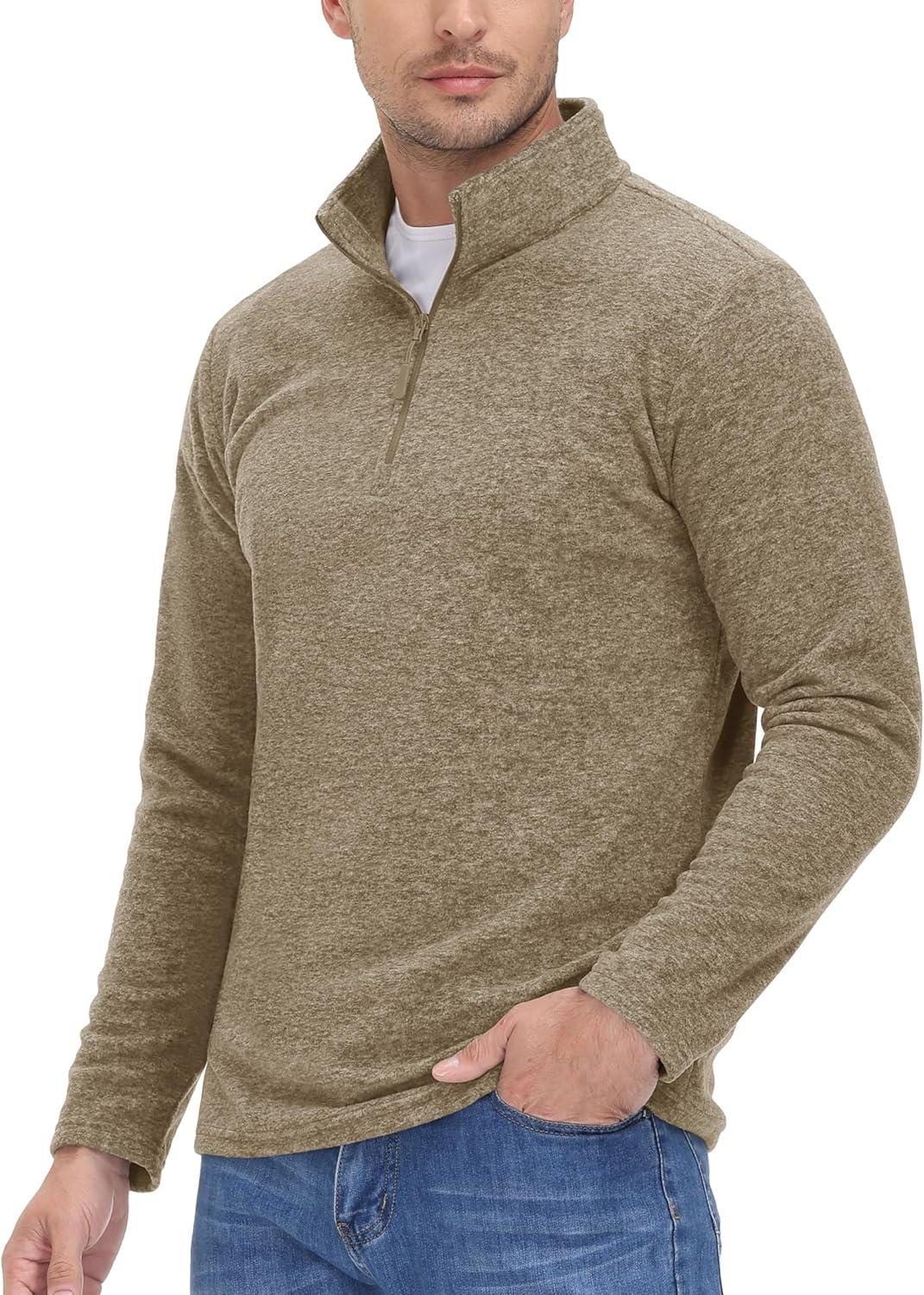 imageMAGCOMSEN Mens Shirts 14 Zip Fleece Pullover MidWeight Long Sleeve Sweatshirts Athletic ShirtsLight Brown