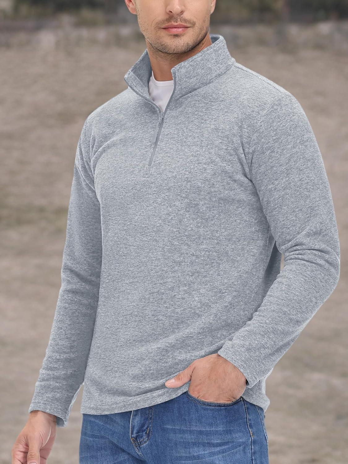 imageMAGCOMSEN Mens Shirts 14 Zip Fleece Pullover MidWeight Long Sleeve Sweatshirts Athletic ShirtsLight Grey