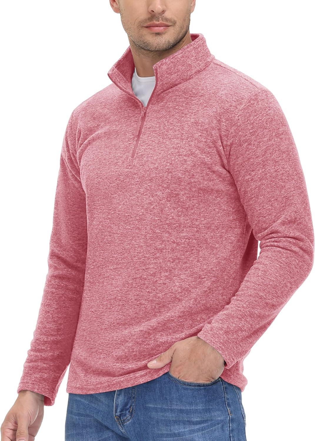 imageMAGCOMSEN Mens Shirts 14 Zip Fleece Pullover MidWeight Long Sleeve Sweatshirts Athletic ShirtsPink