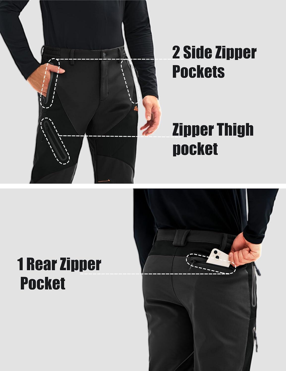 imageMAGCOMSEN Mens Snow Ski Pants Fleece Lined Water Resistant Winter Pants with 4 Zip Pockets for Snowboard Hiking OutdoorBlack