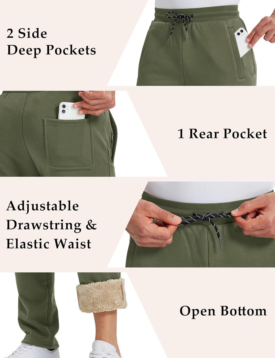 imageMAGCOMSEN Mens Winter Fleece Pants Sherpa Lined Sweatpants Thermal Warm Thicken Pants Active Joggers with 3 PocketsArmy Green