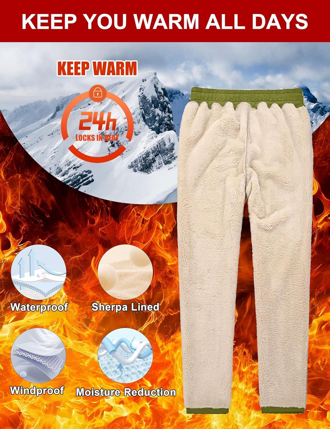 imageMAGCOMSEN Mens Winter Fleece Pants Sherpa Lined Sweatpants Thermal Warm Thicken Pants Active Joggers with 3 PocketsAvocado Green