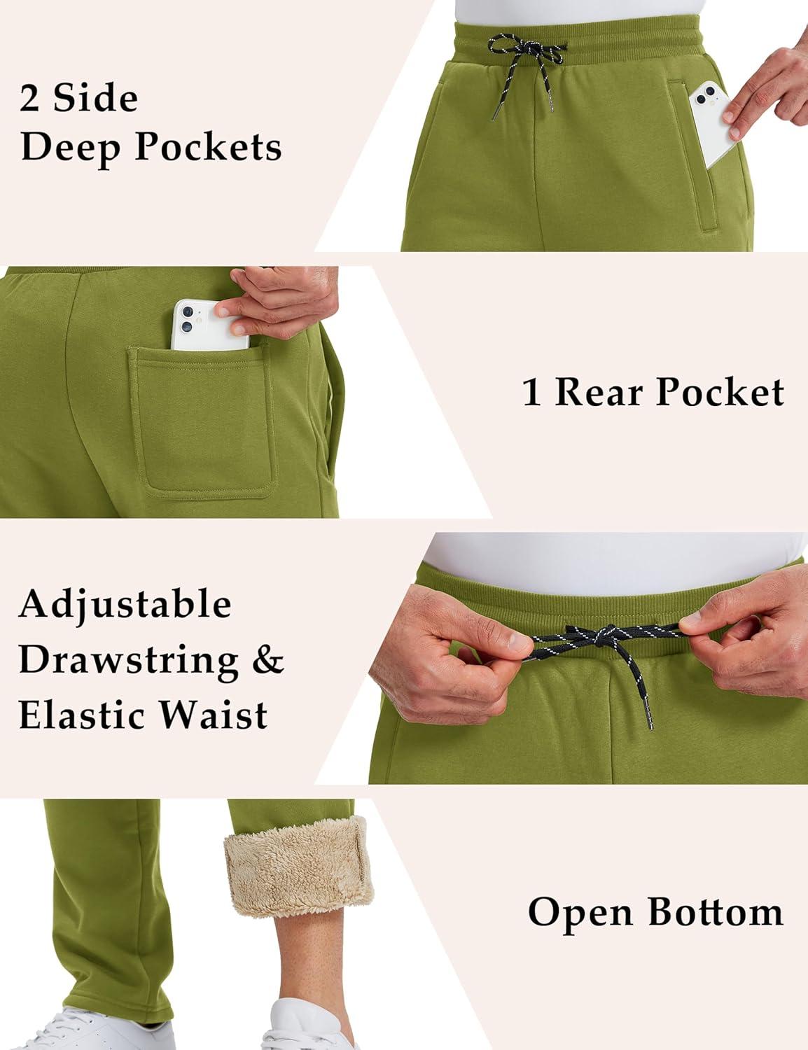 imageMAGCOMSEN Mens Winter Fleece Pants Sherpa Lined Sweatpants Thermal Warm Thicken Pants Active Joggers with 3 PocketsAvocado Green