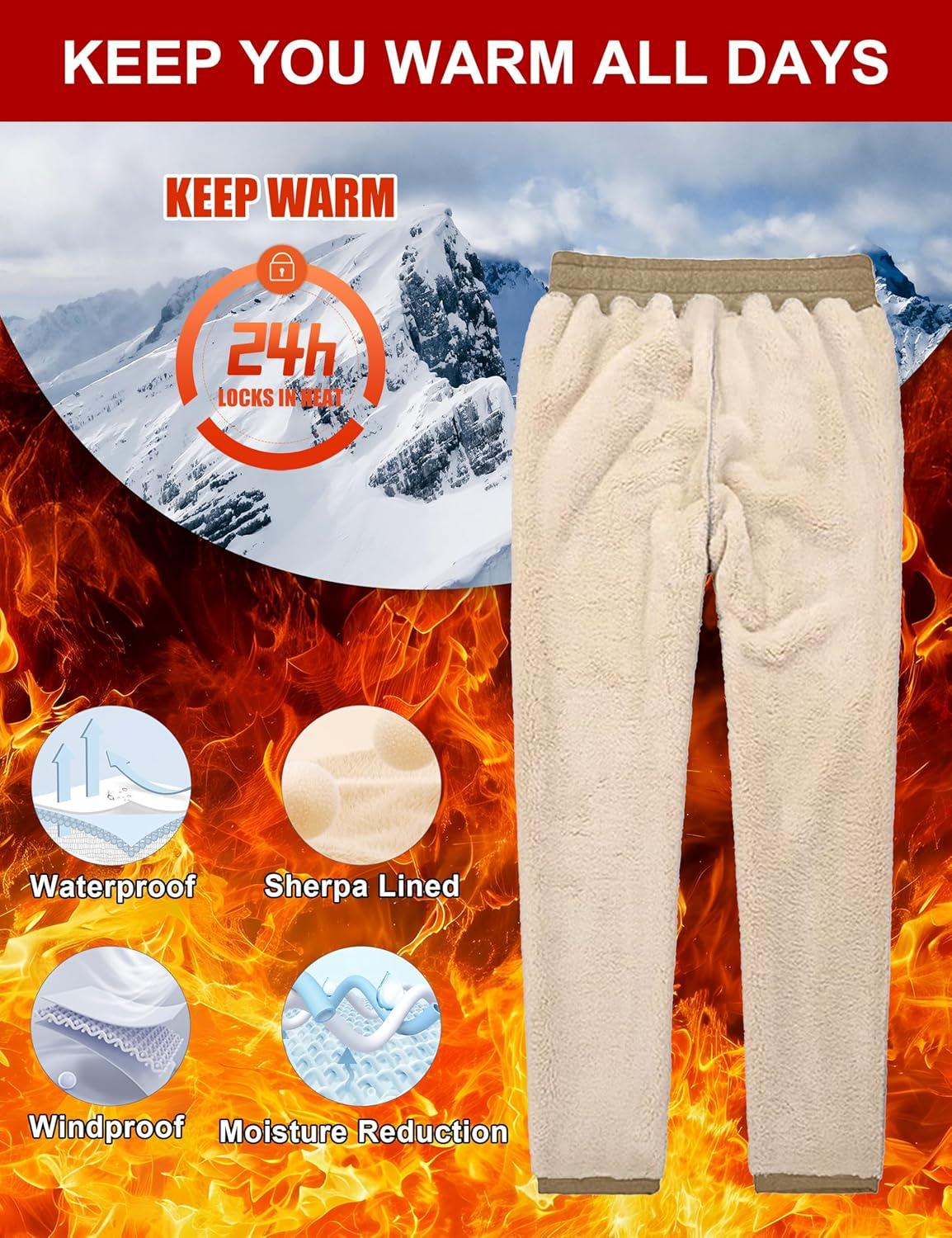 imageMAGCOMSEN Mens Winter Fleece Pants Sherpa Lined Sweatpants Thermal Warm Thicken Pants Active Joggers with 3 PocketsKhaki