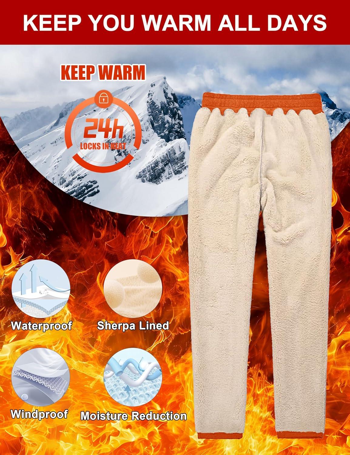 imageMAGCOMSEN Mens Winter Fleece Pants Sherpa Lined Sweatpants Thermal Warm Thicken Pants Active Joggers with 3 PocketsOrange
