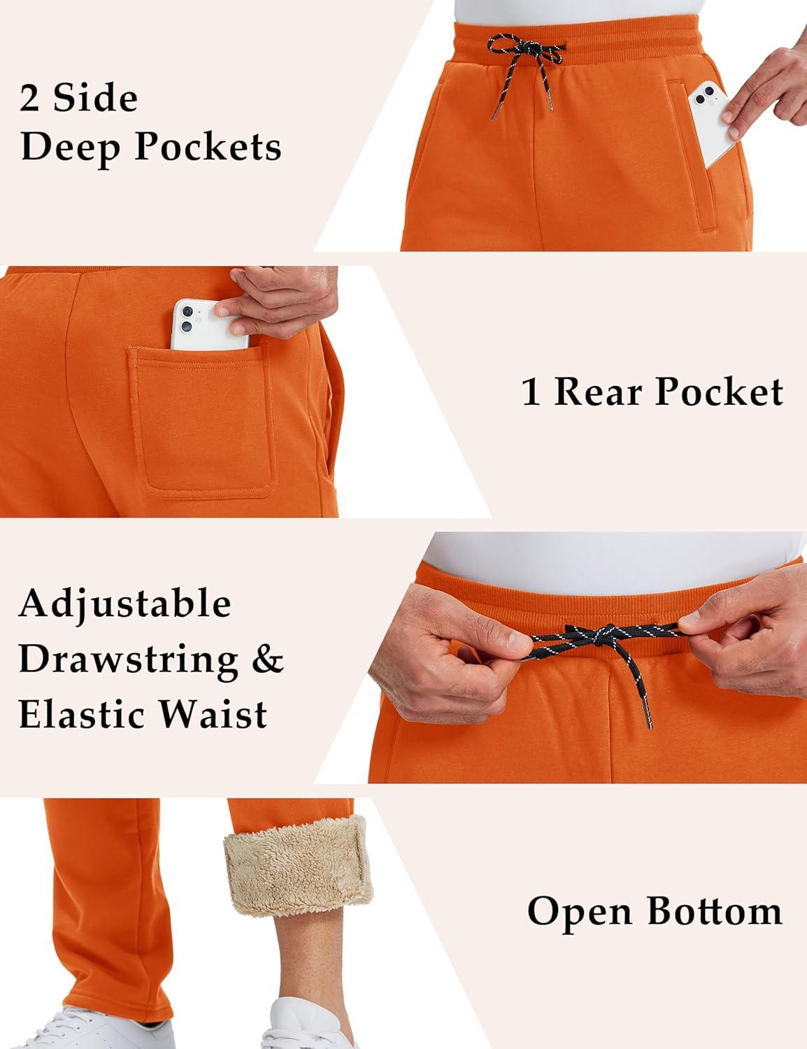 imageMAGCOMSEN Mens Winter Fleece Pants Sherpa Lined Sweatpants Thermal Warm Thicken Pants Active Joggers with 3 PocketsOrange