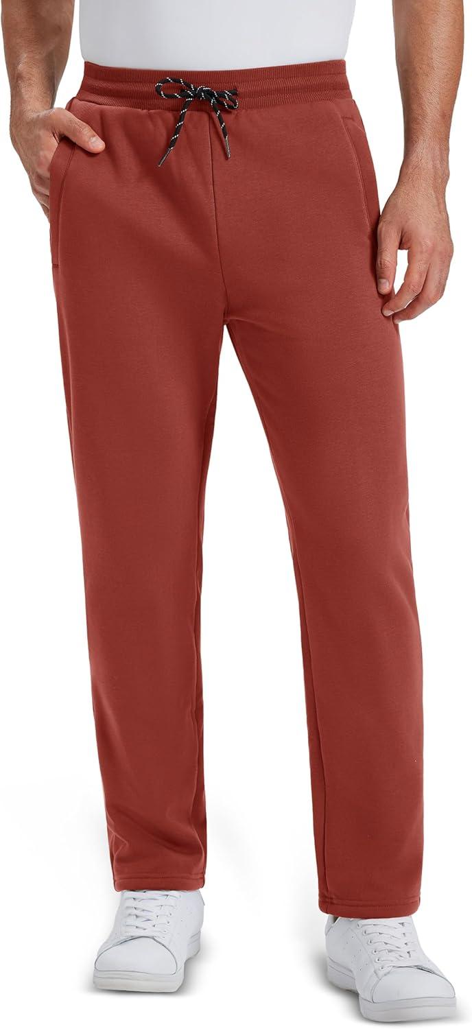 imageMAGCOMSEN Mens Winter Fleece Pants Sherpa Lined Sweatpants Thermal Warm Thicken Pants Active Joggers with 3 PocketsOrange Red