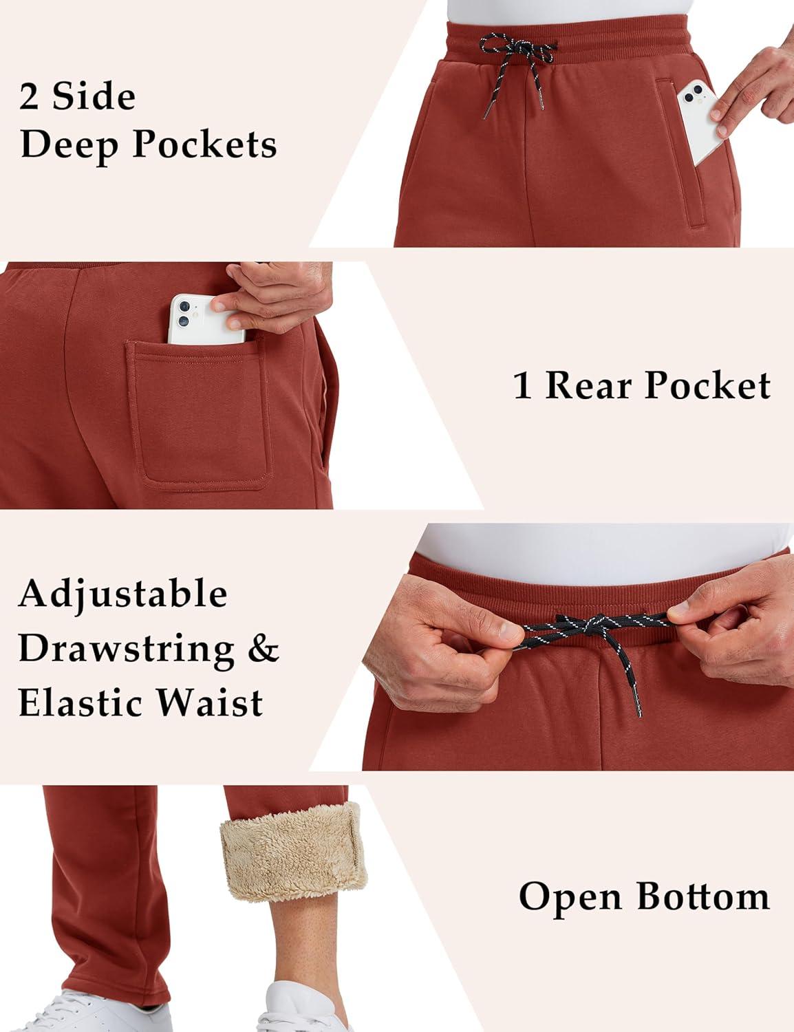 imageMAGCOMSEN Mens Winter Fleece Pants Sherpa Lined Sweatpants Thermal Warm Thicken Pants Active Joggers with 3 PocketsOrange Red