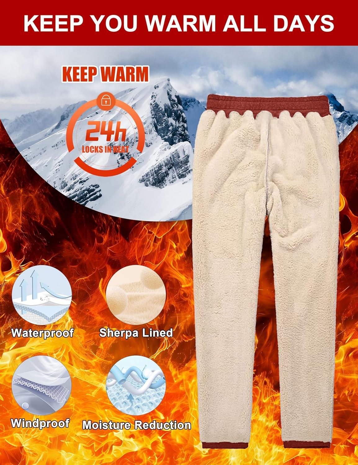 imageMAGCOMSEN Mens Winter Fleece Pants Sherpa Lined Sweatpants Thermal Warm Thicken Pants Active Joggers with 3 PocketsOrange Red