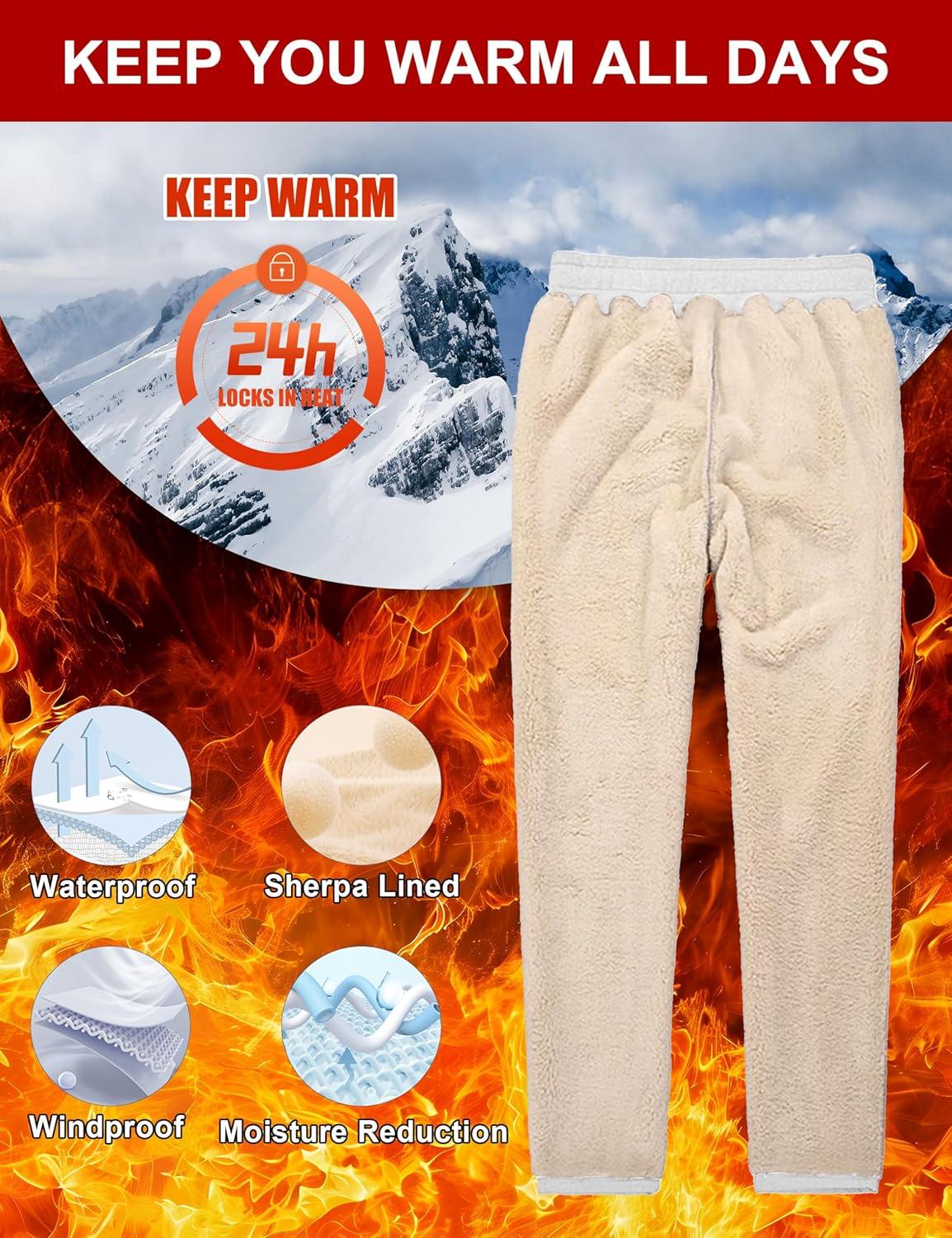 imageMAGCOMSEN Mens Winter Fleece Pants Sherpa Lined Sweatpants Thermal Warm Thicken Pants Active Joggers with 3 PocketsWhite