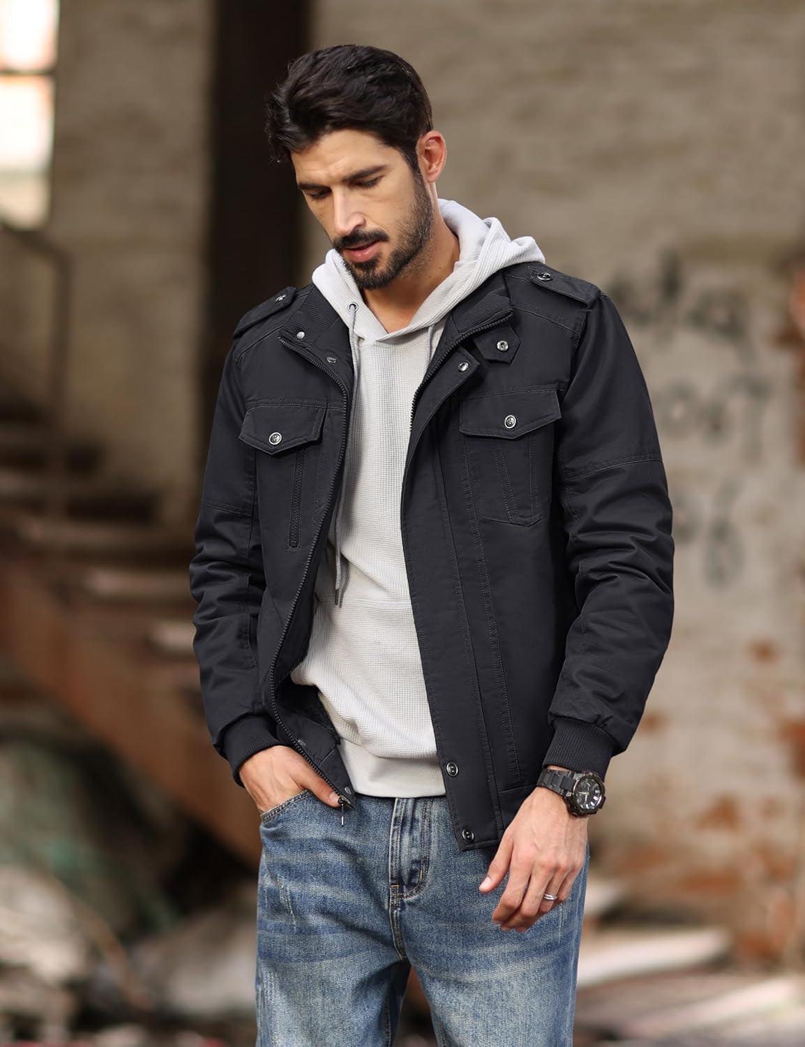 imageMAGCOMSEN Mens Winter Jacket Fleece Lined Work Jackets Waxed Canvas Shirt Jackets Warm Sherpa Trucker Military JacketBlack