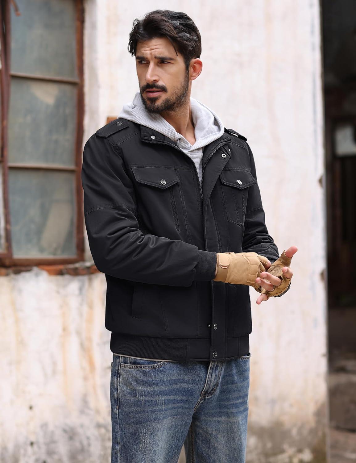 imageMAGCOMSEN Mens Winter Jacket Fleece Lined Work Jackets Waxed Canvas Shirt Jackets Warm Sherpa Trucker Military JacketBlack