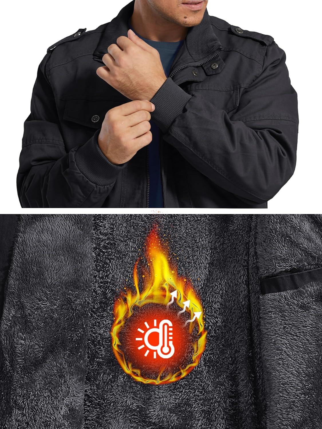 imageMAGCOMSEN Mens Winter Jacket Fleece Lined Work Jackets Waxed Canvas Shirt Jackets Warm Sherpa Trucker Military JacketBlack