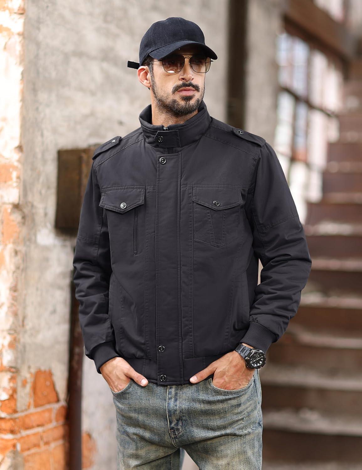imageMAGCOMSEN Mens Winter Jacket Fleece Lined Work Jackets Waxed Canvas Shirt Jackets Warm Sherpa Trucker Military JacketDark Grey
