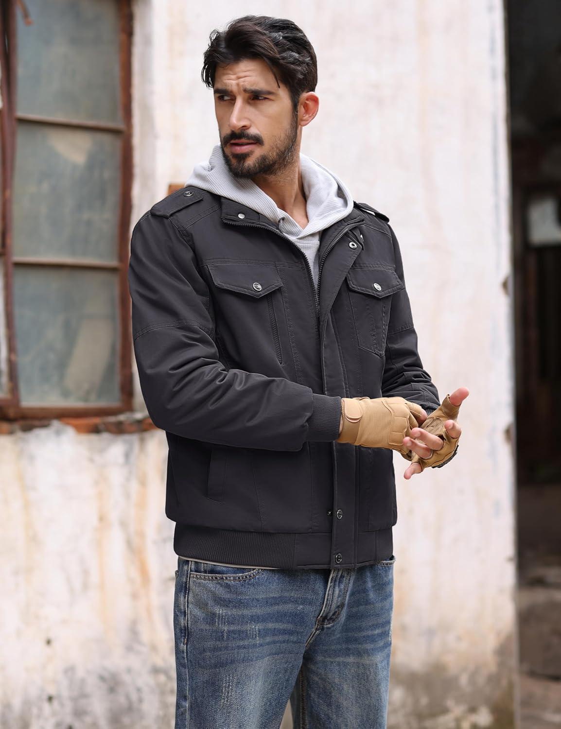 imageMAGCOMSEN Mens Winter Jacket Fleece Lined Work Jackets Waxed Canvas Shirt Jackets Warm Sherpa Trucker Military JacketDark Grey