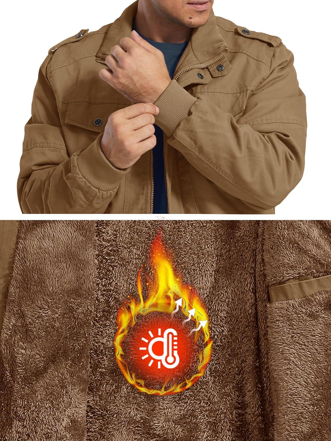 imageMAGCOMSEN Mens Winter Jacket Fleece Lined Work Jackets Waxed Canvas Shirt Jackets Warm Sherpa Trucker Military JacketKhaki