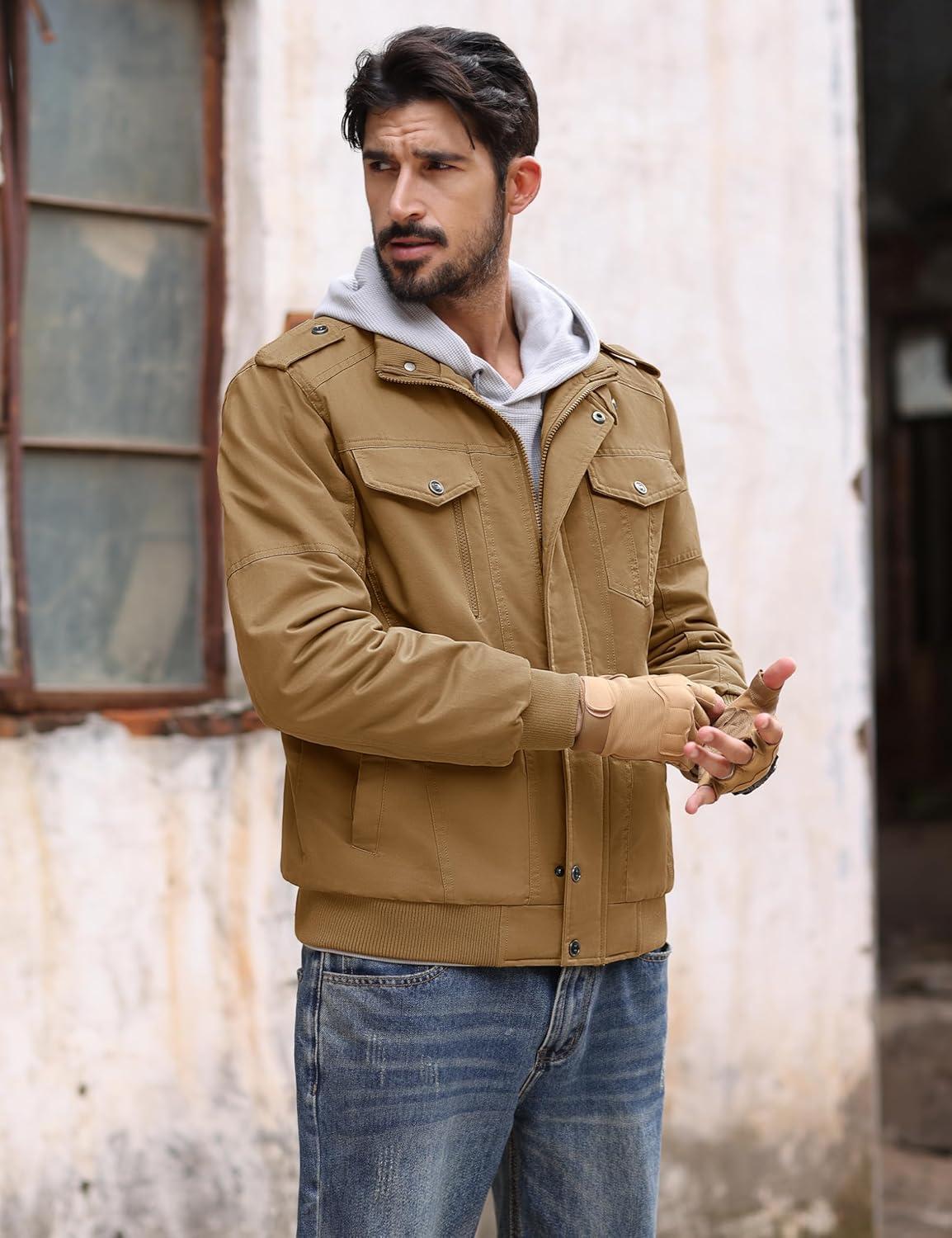 imageMAGCOMSEN Mens Winter Jacket Fleece Lined Work Jackets Waxed Canvas Shirt Jackets Warm Sherpa Trucker Military JacketKhaki