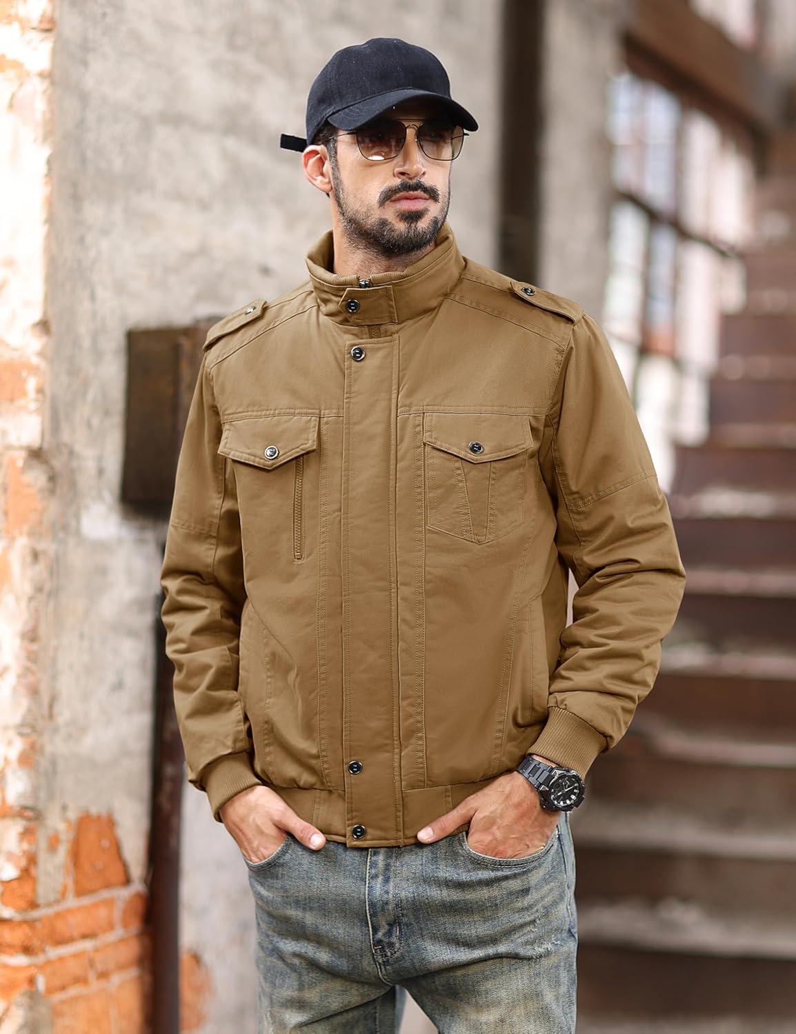 imageMAGCOMSEN Mens Winter Jacket Fleece Lined Work Jackets Waxed Canvas Shirt Jackets Warm Sherpa Trucker Military JacketKhaki