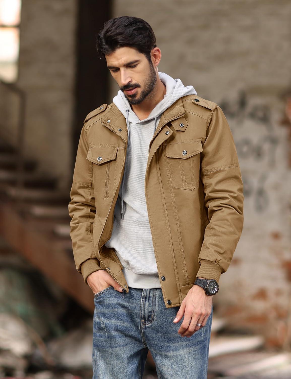 imageMAGCOMSEN Mens Winter Jacket Fleece Lined Work Jackets Waxed Canvas Shirt Jackets Warm Sherpa Trucker Military JacketKhaki