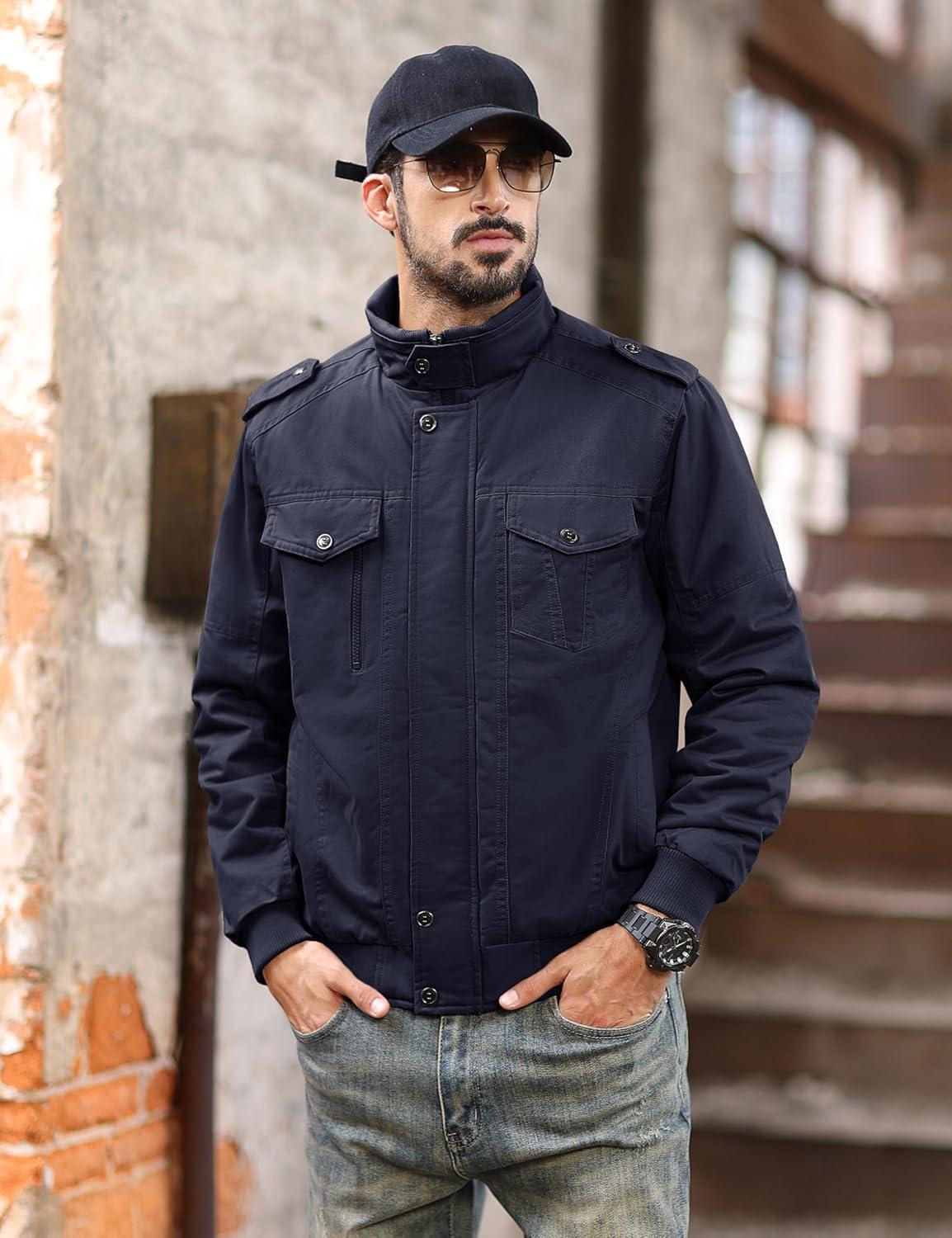 imageMAGCOMSEN Mens Winter Jacket Fleece Lined Work Jackets Waxed Canvas Shirt Jackets Warm Sherpa Trucker Military JacketNavy Blue