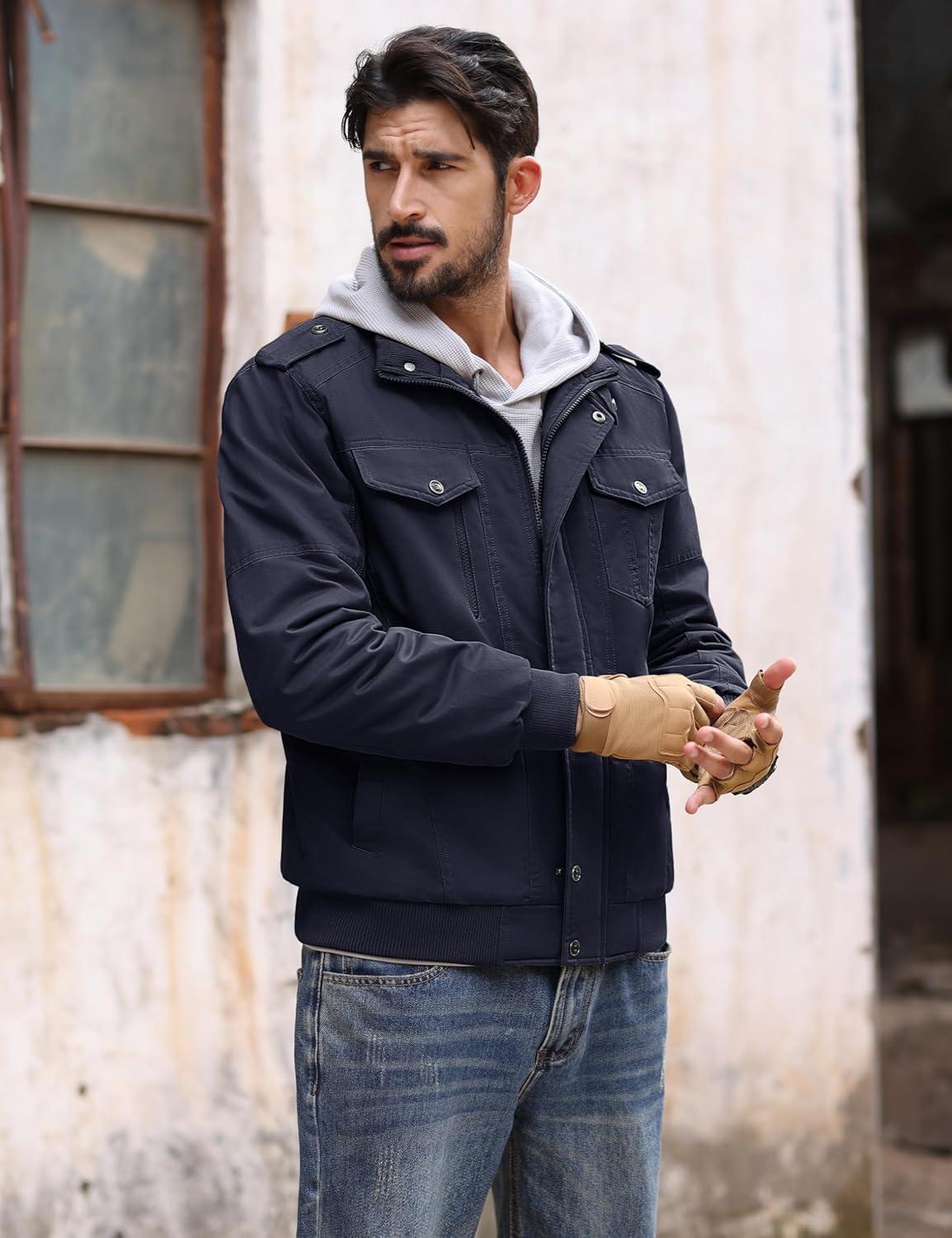 imageMAGCOMSEN Mens Winter Jacket Fleece Lined Work Jackets Waxed Canvas Shirt Jackets Warm Sherpa Trucker Military JacketNavy Blue