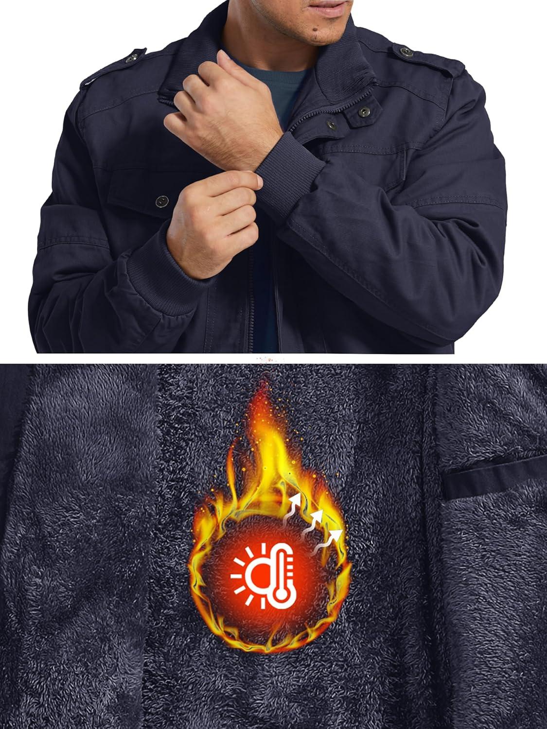 imageMAGCOMSEN Mens Winter Jacket Fleece Lined Work Jackets Waxed Canvas Shirt Jackets Warm Sherpa Trucker Military JacketNavy Blue
