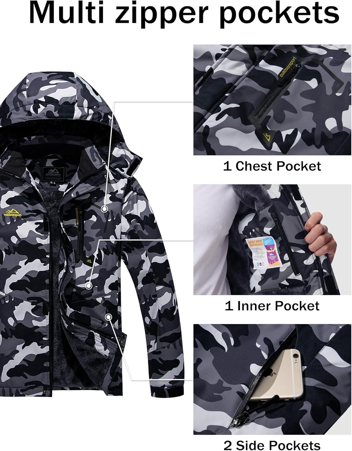 imageMAGCOMSEN Mens Winter Jacket Ski Snow Waterproof Fleece Coats Snowboard Warm Parka Raincoats with Hood 5 PocketsArmy Green Camo