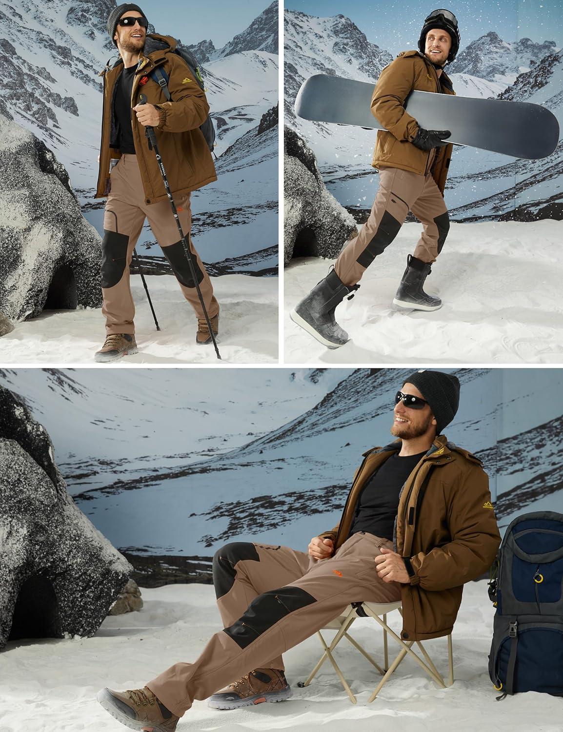 imageMAGCOMSEN Mens Winter Snow Ski Pants Fleece Lined Water Resistant Insulated Work Outdoor Hiking Snowboard Pants 4 PocketsBrown
