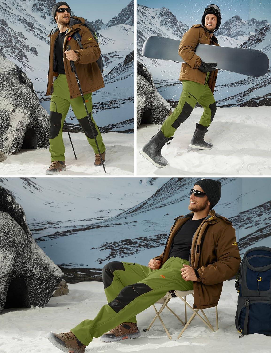 imageMAGCOMSEN Mens Winter Snow Ski Pants Fleece Lined Water Resistant Insulated Work Outdoor Hiking Snowboard Pants 4 PocketsDark Green