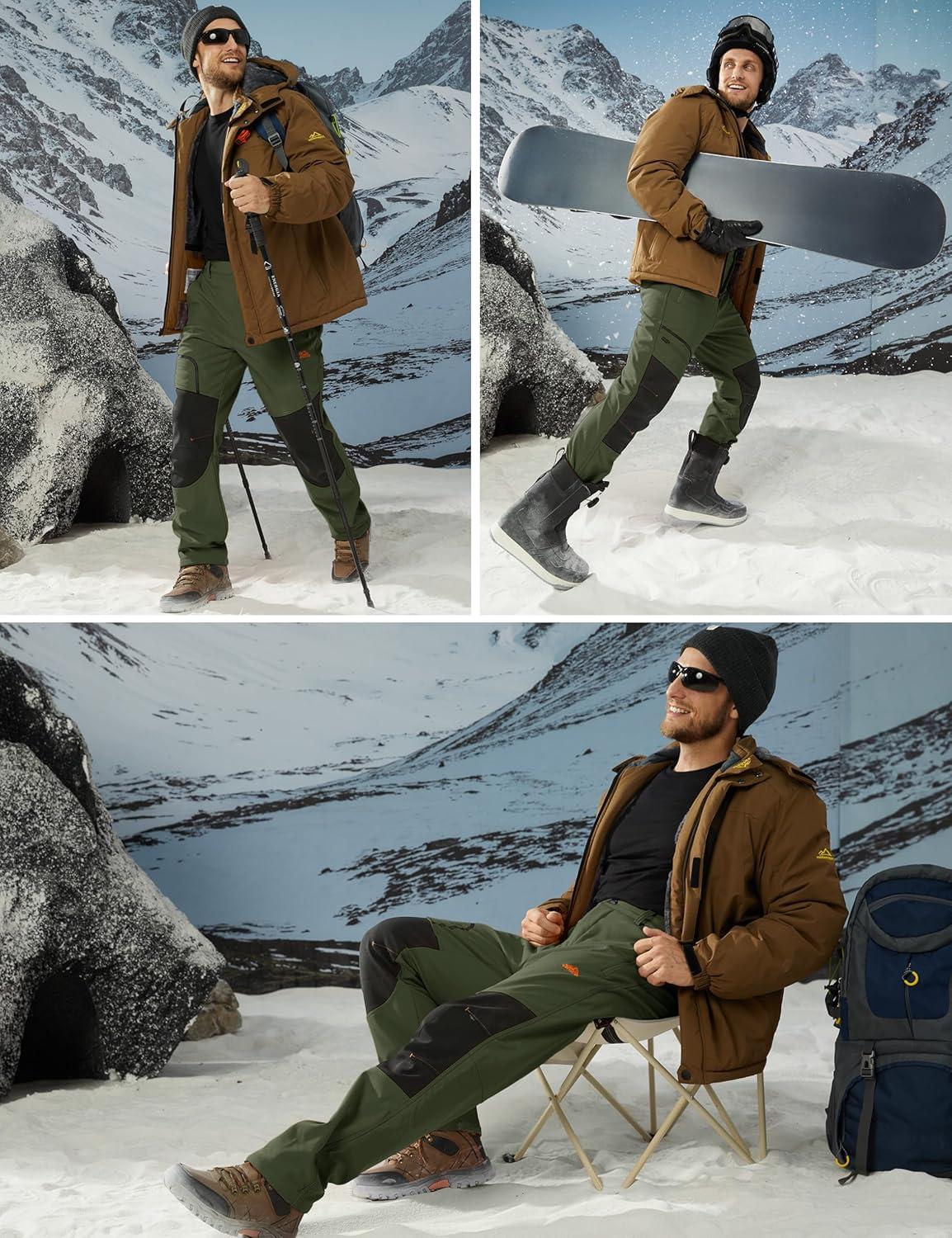 imageMAGCOMSEN Mens Winter Snow Ski Pants Fleece Lined Water Resistant Insulated Work Outdoor Hiking Snowboard Pants 4 PocketsGreen