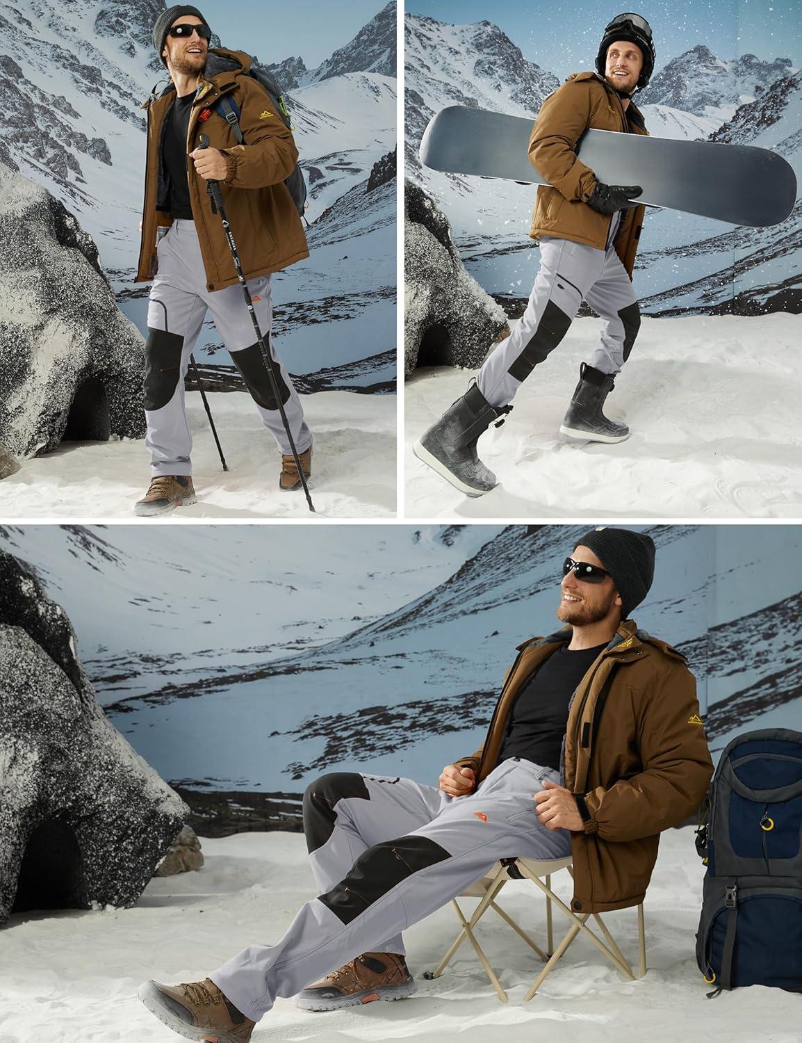 imageMAGCOMSEN Mens Winter Snow Ski Pants Fleece Lined Water Resistant Insulated Work Outdoor Hiking Snowboard Pants 4 PocketsLight Grey