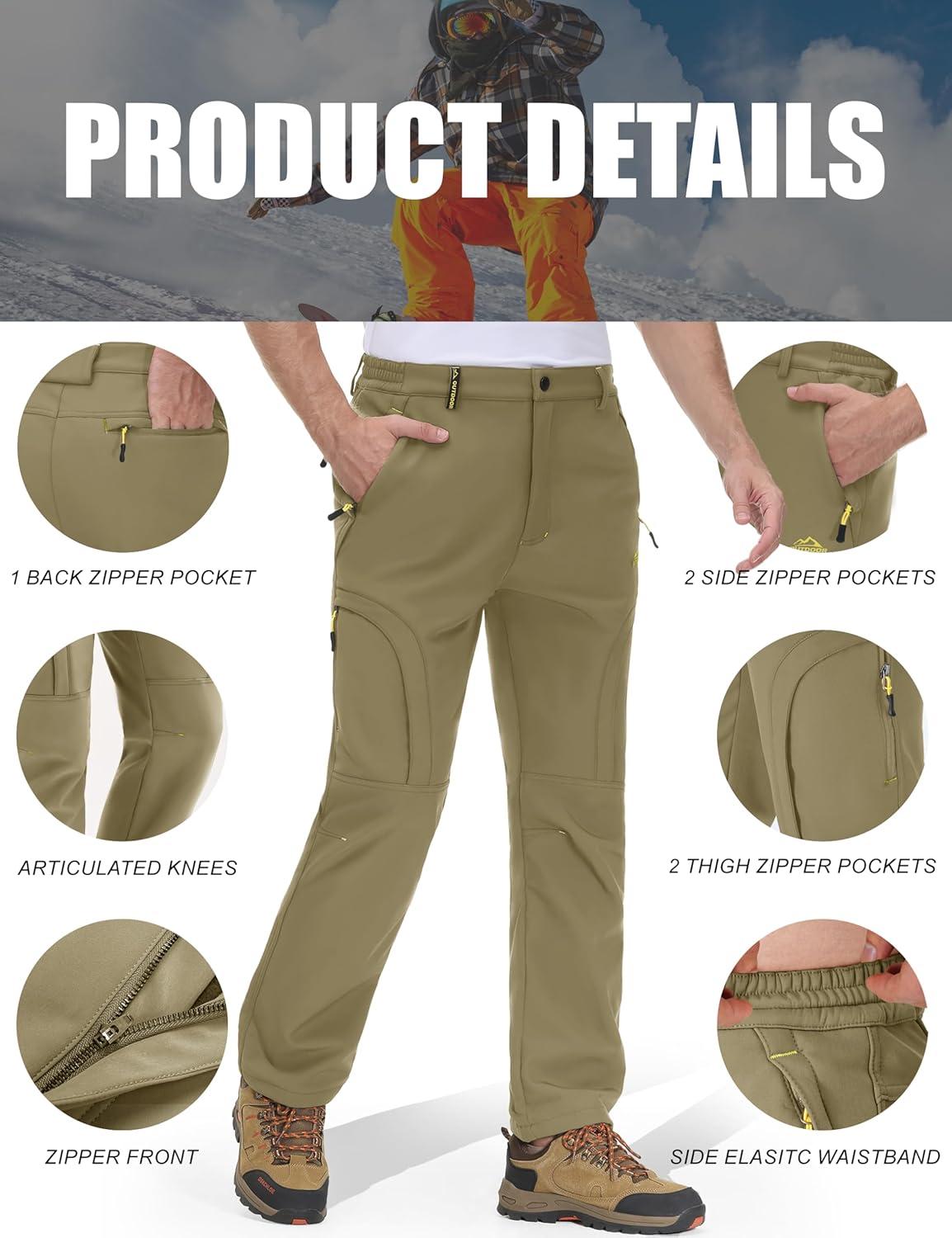 imageMAGCOMSEN Snow Pants for Men Water Resistant Fleece Lined 5 Zipper Pockets Winter Snowboard Hiking Insulated Ski PantsKhaki