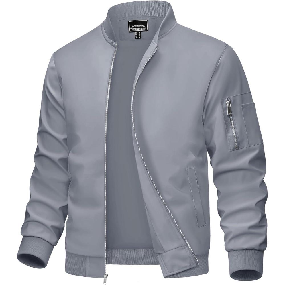 imageMAGCOMSEN Mens Bomber Jacket Lightweight Casual Windbreaker Spring Fall Zip Up Coat with 5 Pocket01 Light Grey