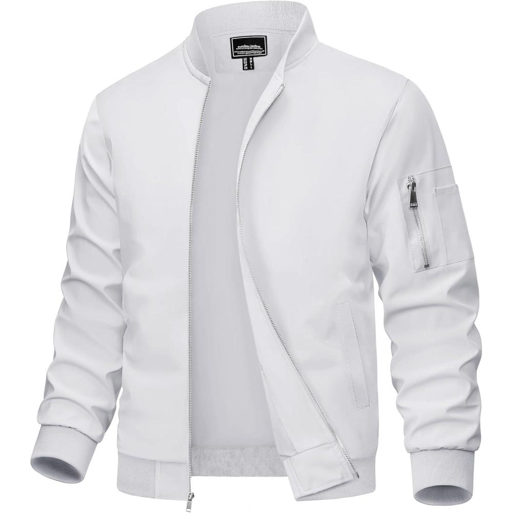 imageMAGCOMSEN Mens Bomber Jacket Lightweight Casual Windbreaker Spring Fall Zip Up Coat with 5 Pocket01 White