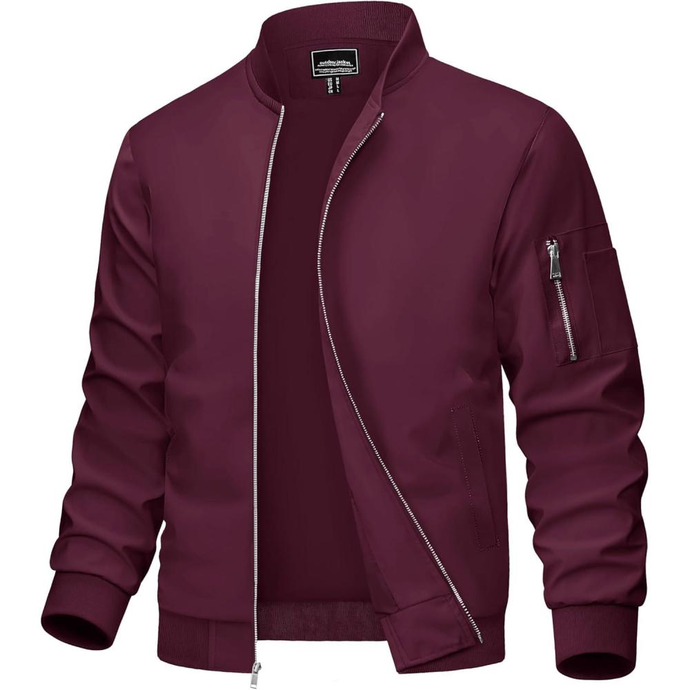 imageMAGCOMSEN Mens Bomber Jacket Lightweight Casual Windbreaker Spring Fall Zip Up Coat with 5 Pocket01 Wine Red