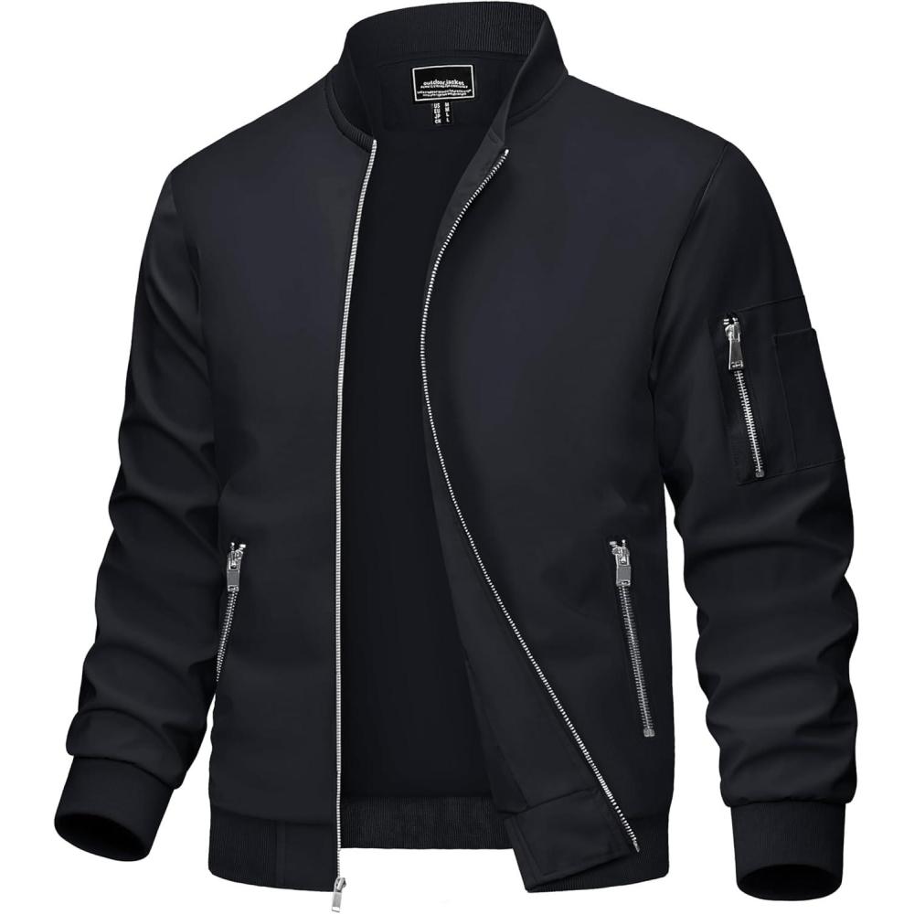 imageMAGCOMSEN Mens Bomber Jacket Lightweight Casual Windbreaker Spring Fall Zip Up Coat with 5 Pocket02 Black
